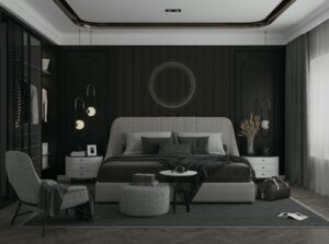Quiet luxury bedroom interior, evoking discreet in-home medical detox for public-facing professionals.